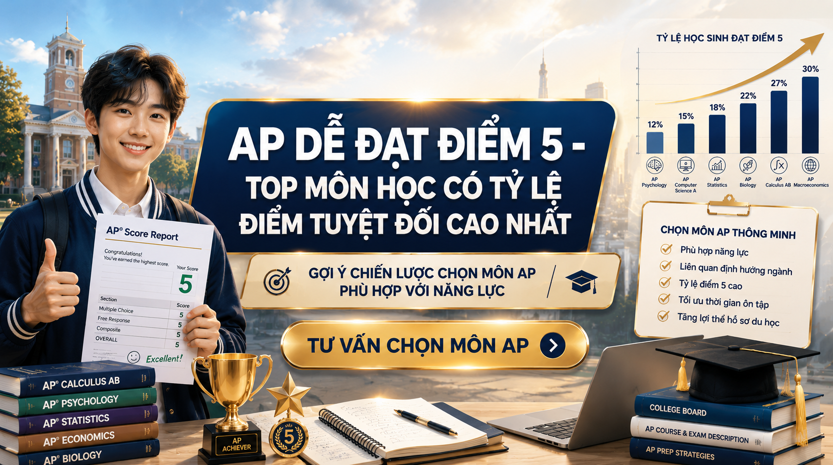 AP dễ đạt điểm 5 là những môn nào và học sinh nên lựa chọn ra sao để tối ưu hồ sơ du học? Thực tế, mỗi môn AP có độ khó, cấu trúc đề thi và tỷ lệ đạt điểm 5 khác nhau, nên việc chọn môn cần dựa trên năng lực học thuật, định hướng ngành học và chiến lược xét tuyển đại học. Với học sinh Việt Nam, các môn AP có tỷ lệ điểm 5 cao có thể giúp tăng số chứng chỉ chất lượng trong hồ sơ, nhưng vẫn cần cân bằng giữa “môn dễ lấy điểm” và mức độ liên quan đến ngành học mục tiêu để tạo lợi thế cạnh tranh bền vững.