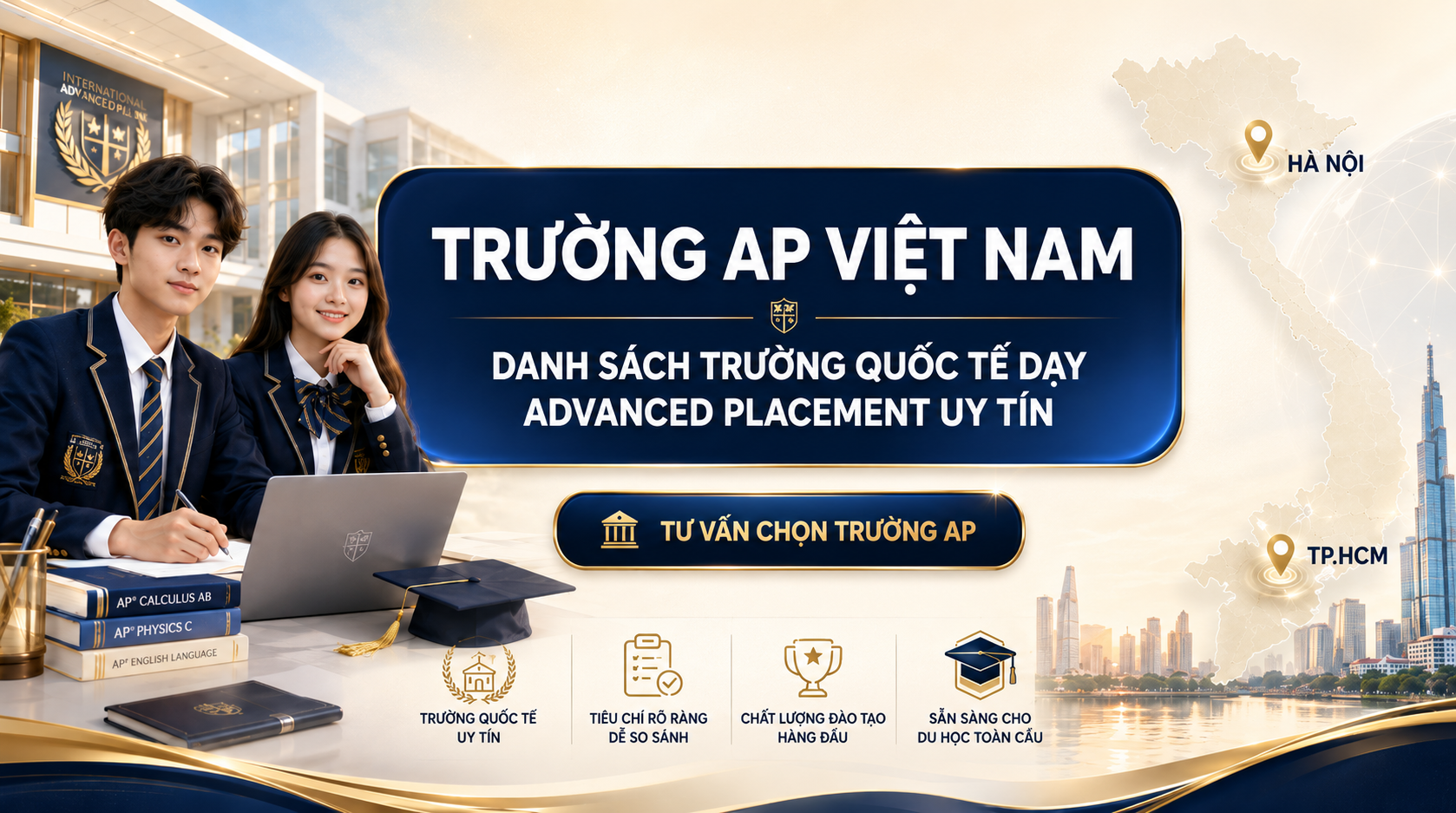 Trường AP Việt Nam gồm những trường nào và phụ huynh nên chọn ra sao để con học Advanced Placement hiệu quả? Đây là hệ thống các trường quốc tế hoặc song ngữ có giảng dạy chương trình AP, giúp học sinh THPT tiếp cận kiến thức bậc đại học, chuẩn bị cho kỳ thi AP và tăng lợi thế khi nộp hồ sơ du học Mỹ, Canada hoặc các quốc gia công nhận tín chỉ AP. Việc lựa chọn trường AP uy tín tại Việt Nam cần dựa trên chất lượng đội ngũ giáo viên, số môn AP được cung cấp, kết quả thi AP của học sinh và mức độ phù hợp với định hướng ngành học tương lai.